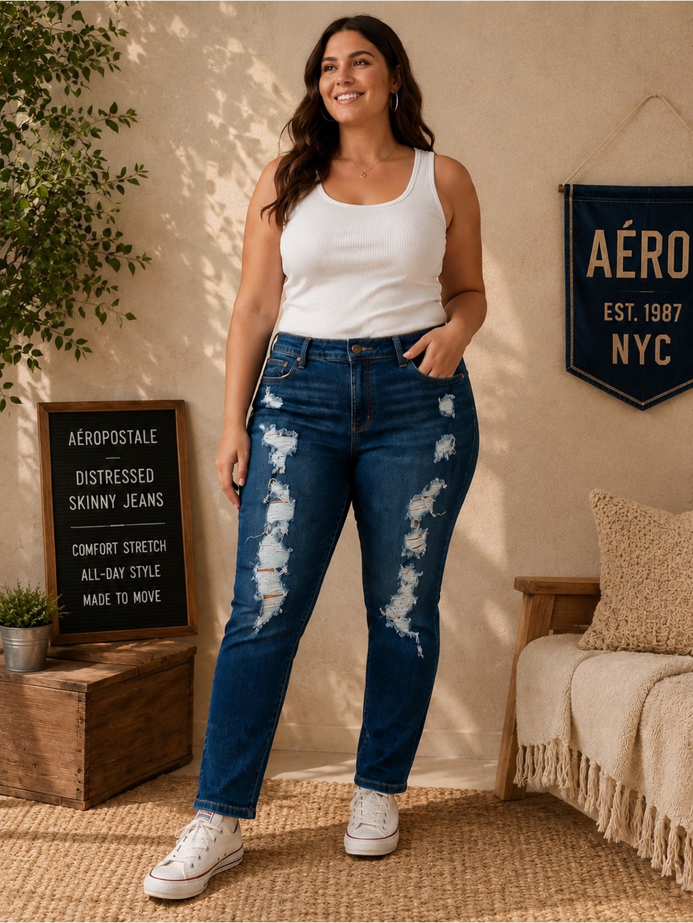Aeropostale Women’s Distressed Skinny Jeans - Dark Blue Wash